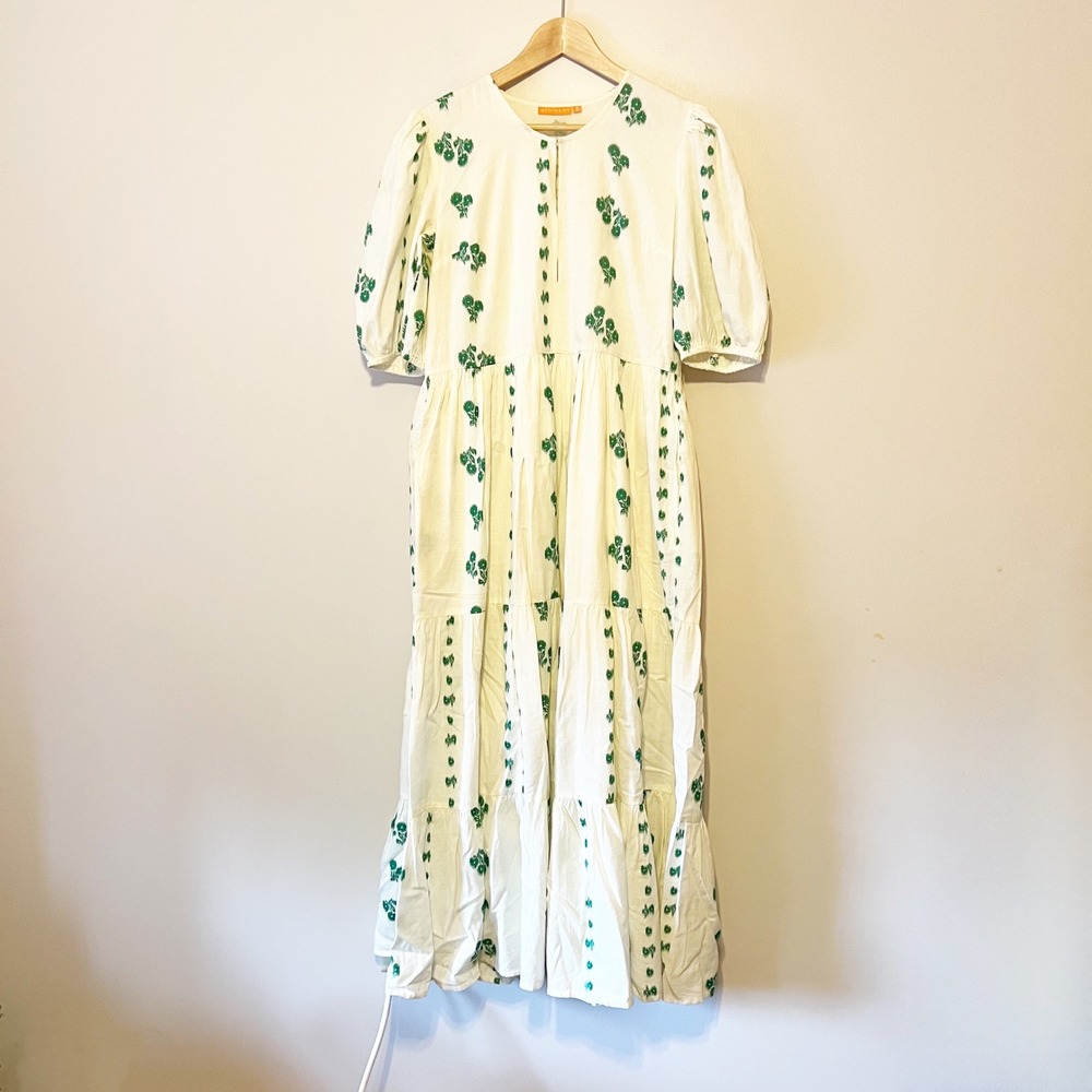 Oliphant Cotton Puff-Sleeve Tiered Maxi Dress Green Wicklow Size Small - Picture 2 of 9